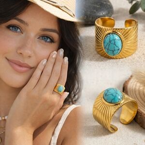 14K Gold Plated Stainless Steel Turquoise Sunburst Statement Ring Adjustable